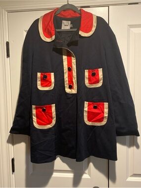 ASOS Navy Swing Coat with Red & Cream Trim Patchwork Vintage Size 14 Lined